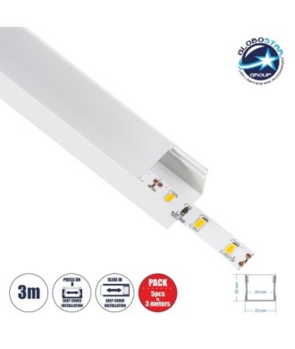 GloboStar® SURFACE-PROFILE 70868-3M Προφίλ Αλουμινίου - Βάση & Ψύκτρα Ταινίας LED με Λευκό Γαλακτερό Κάλυμμα - Επιφανειακή Χρήση - Πατητό Κάλυμμα - Λευκό - 3 Μέτρα - Πακέτο 5 Τεμαχίων - Μ300 x Π2.3 x Υ2cm